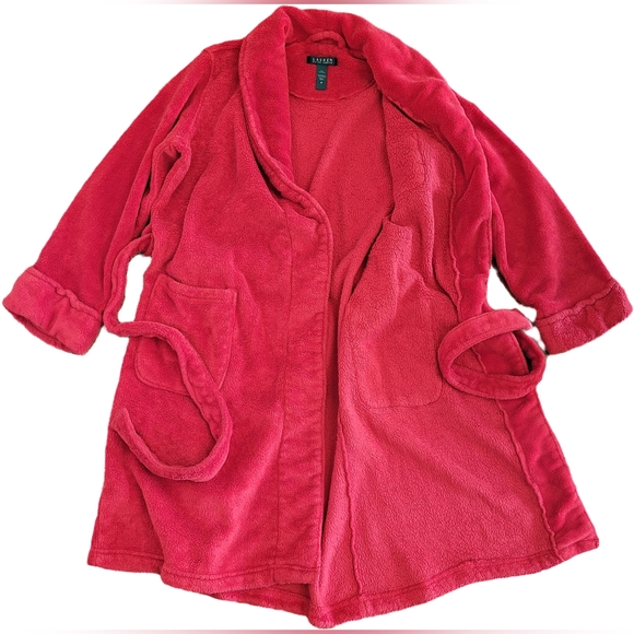 GUC Ralph Lauren Unisex Red Plush Pocket Monogram Lounge Robe - Medium - Picture 4 of 5